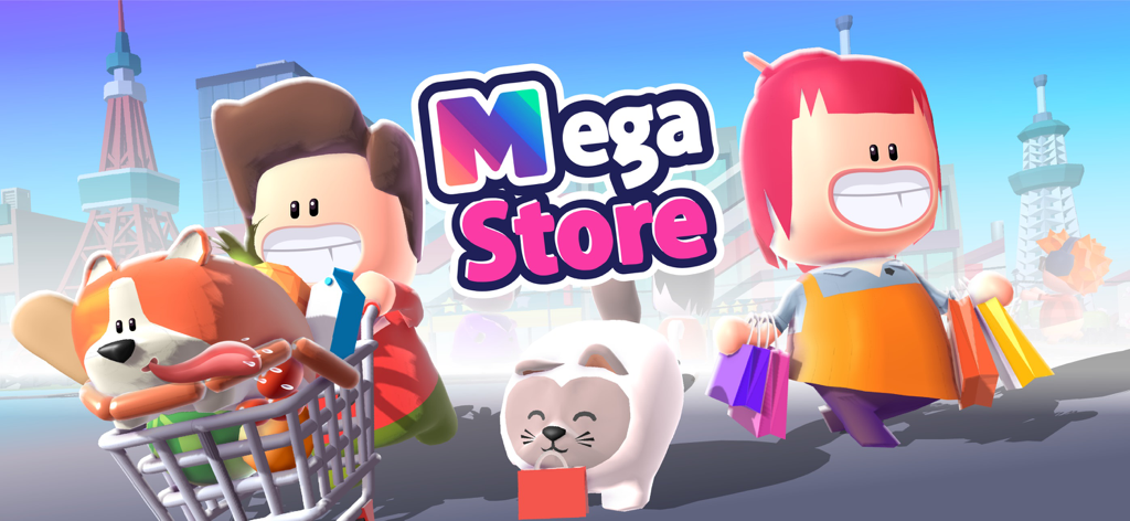 Mega Store: Supermarket Game - Cartoon characters and pets shopping with bags and a cart in Mega Store Supermarket Game