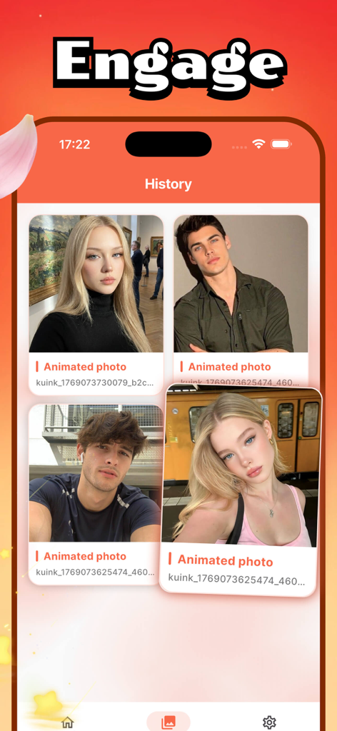 Kuink - Galerieansicht von gespeicherten animierten Fotos im Verlauf der Kuink-App