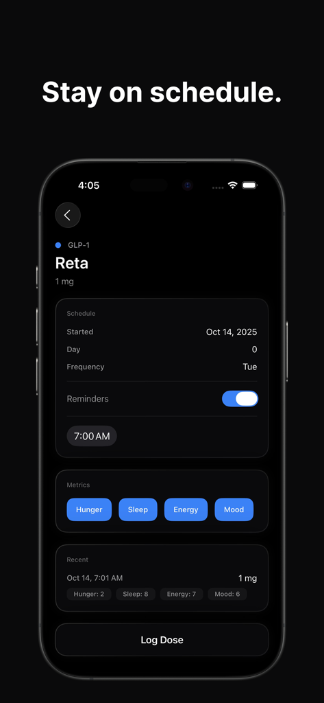 Dose: Peptide Tracker - Mobile app interface of Dose showing peptide scheduling reminders and metric tracking for GLP-1 protocols