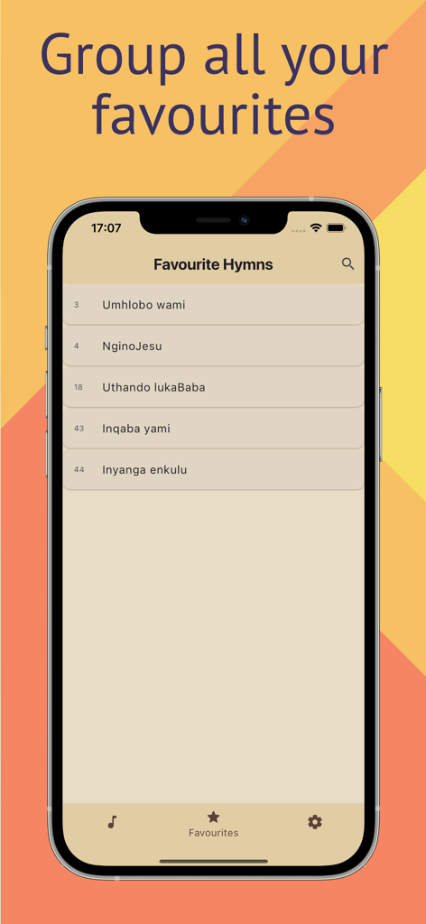 Icilongo levangeli - iPhone screen displaying the Favourite Hymns feature in the Icilongo Levangeli Zulu hymn app