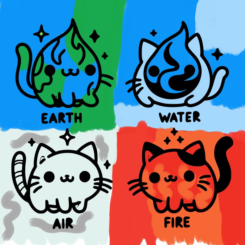 4 cats that represent the different elements, earth, water, air, and fire