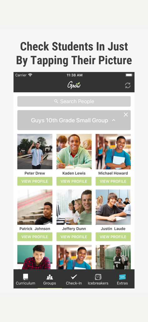 Grow Youth & Kids Ministry - Grow Youth and Kids Ministry app student check-in screen with a directory of student photos and names