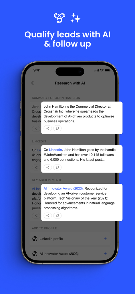 Business Card Scanner by Covve - Covve app interface showing AI powered contact research and lead qualification details