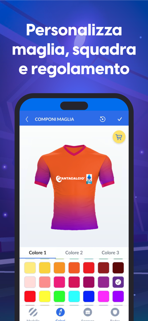 Interface for customizing a fantasy soccer team jersey in the Leghe Fantacalcio app.