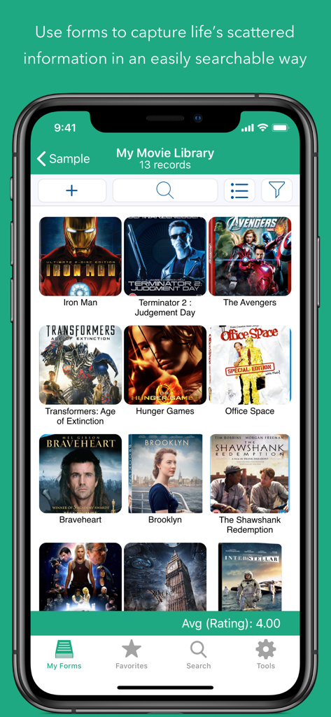Tap Forms Organizer 5 Database - Una captura de pantalla de la aplicación Tap Forms que muestra una colección de biblioteca de películas con carteles de películas organizados en una cuadrícula