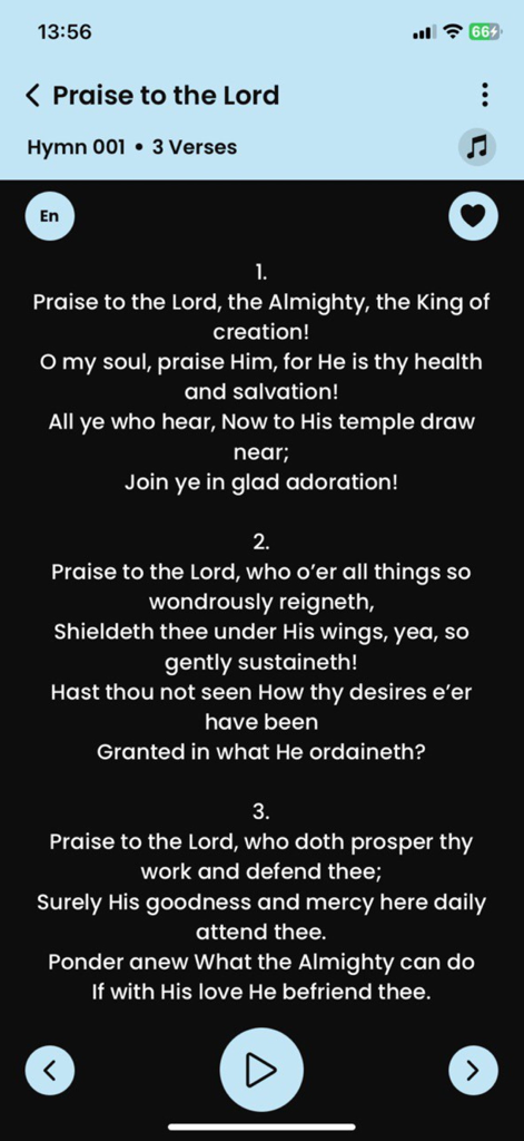 Seventh Day Adventist Hymnal - Screenshot of the Seventh Day Adventist Hymnal app showing lyrics for the hymn Praise to the Lord