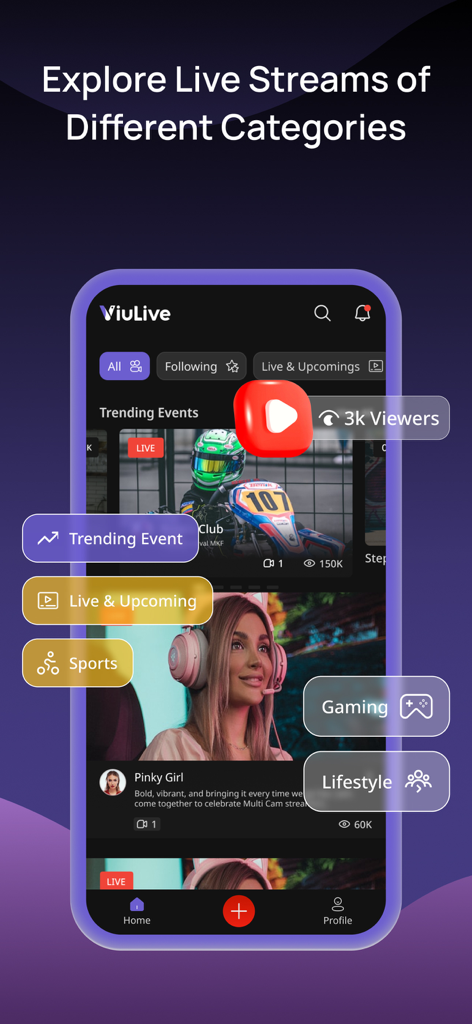 ViuLive: Multicam Live Stream - Interfaz de la aplicación móvil ViuLive mostrando categorías de transmisión en vivo populares, incluyendo deportes, juegos y estilo de vida.