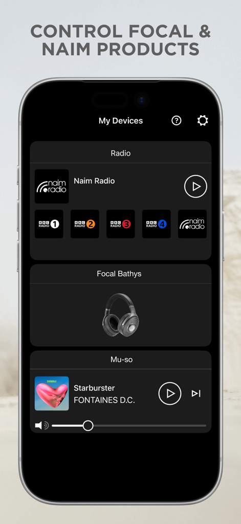 Focal & Naim - Smartphone screen showing Focal and Naim app device management for audio equipment