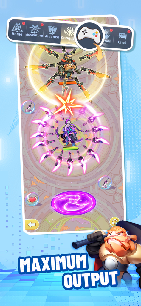 Two heroes in Titan War fighting with rotating blade special attacks and the text maximum output.