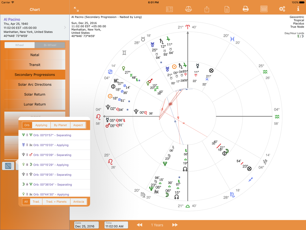 Technical astrological secondary progression wheel and aspect list on the AstroConnexions iPad interface.