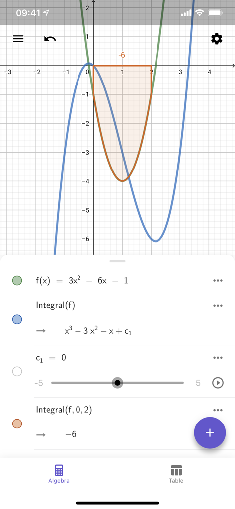 GeoGebra app displaying a quadratic function graph and its integral calculation
