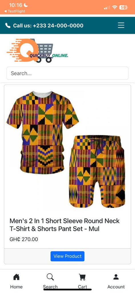 QuickBuy Online - QuickBuy Online app product page for a men's patterned t-shirt and shorts set.