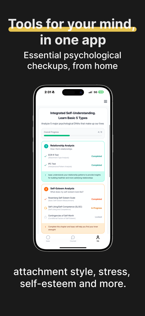 ingan.ai : AI psychologist - Smartphone display showing the ingan.ai app psychological assessment dashboard with relationship and self esteem analysis.