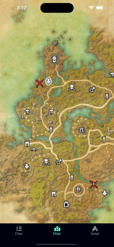 ESO Surveyor - ESO Surveyor app map interface showing tracked game locations and icons