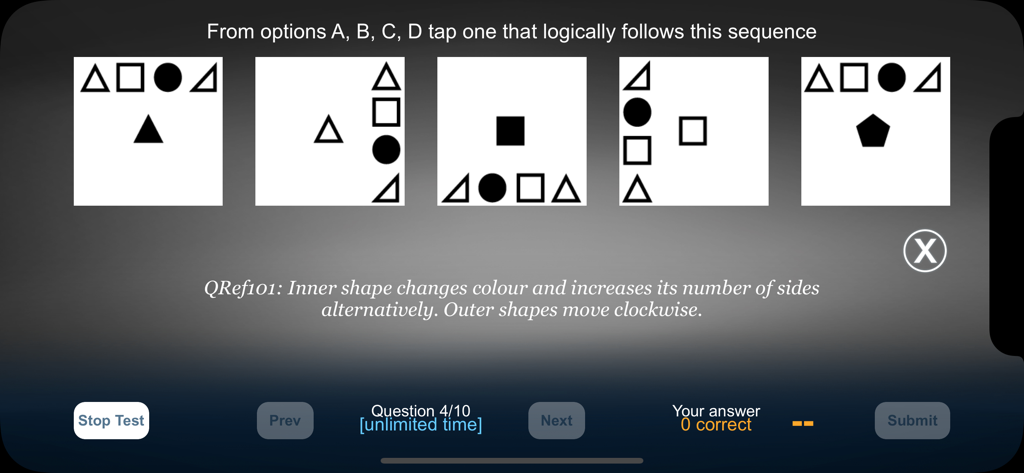 Screenshot of a logic sequence puzzle in the Abstract Reasoning Test app with geometric patterns and a study hint.