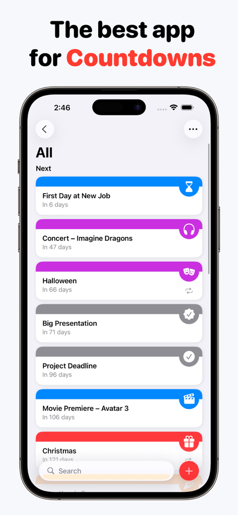 Countdown Widget: Day count - Eine Liste kommender Ereignisse und Countdowns in der Countdown Widget App für das iPhone.