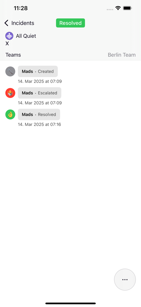 All Quiet - All Quiet app screen showing a resolved incident timeline for a DevOps team