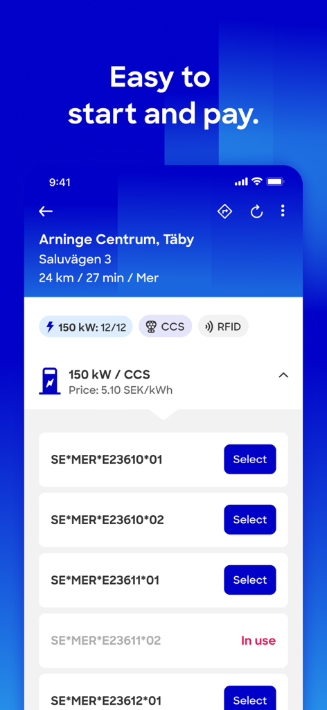 Mer Connect - Mer Connect app interface showing a list of available EV charging points with power and price details at a station in Sweden