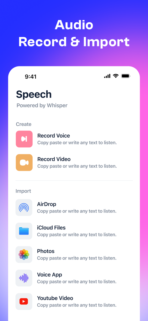 Whisper : Speech to Text - Interfaz de la aplicación Whisper que muestra opciones de grabación e importación de audio desde iCloud, AirDrop y YouTube para transcripción