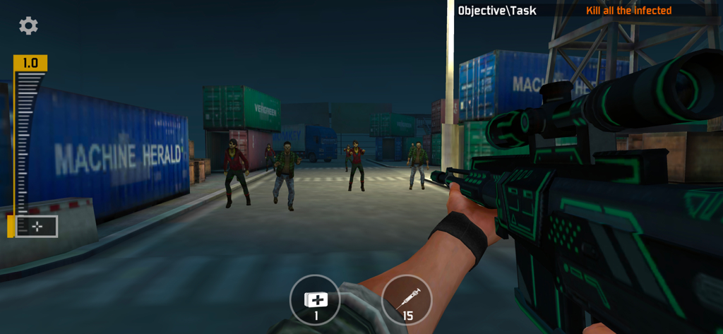 Sniper Honor: 3D Shooting Game - First person shooter view of a green sniper rifle aiming at zombies in a shipping yard.