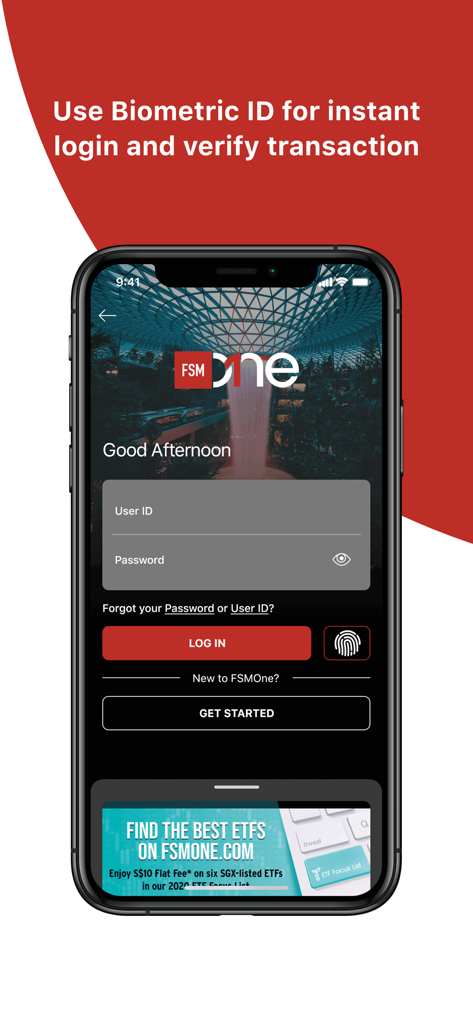 FSMOne - Invest Globally - FSMOne mobile app login screen featuring biometric fingerprint authentication for secure access
