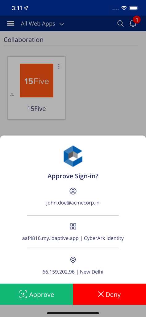CyberArk Identity - CyberArk Identity mobile app displaying a multi-factor authentication sign-in request with Approve and Deny options.