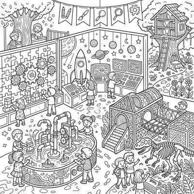 Step into a world of wonder with this incredibly detailed adult coloring page featuring a lively children's museum. Unleash your creativity as you bring to life interactive exhibits, curious kids, and engaging learning stations.
