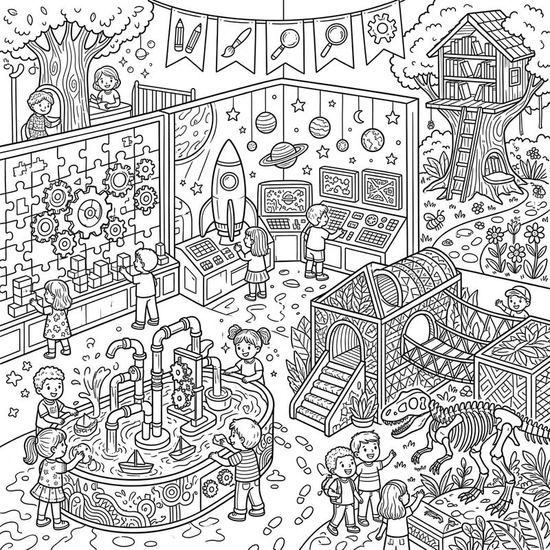 Step into a world of wonder with this incredibly detailed adult coloring page featuring a lively children's museum. Unleash your creativity as you bring to life interactive exhibits, curious kids, and engaging learning stations.