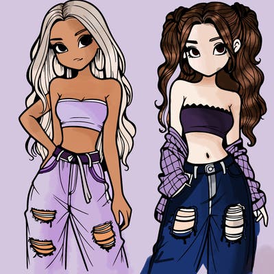 2 girls in crop tops and baggy jeans ripped