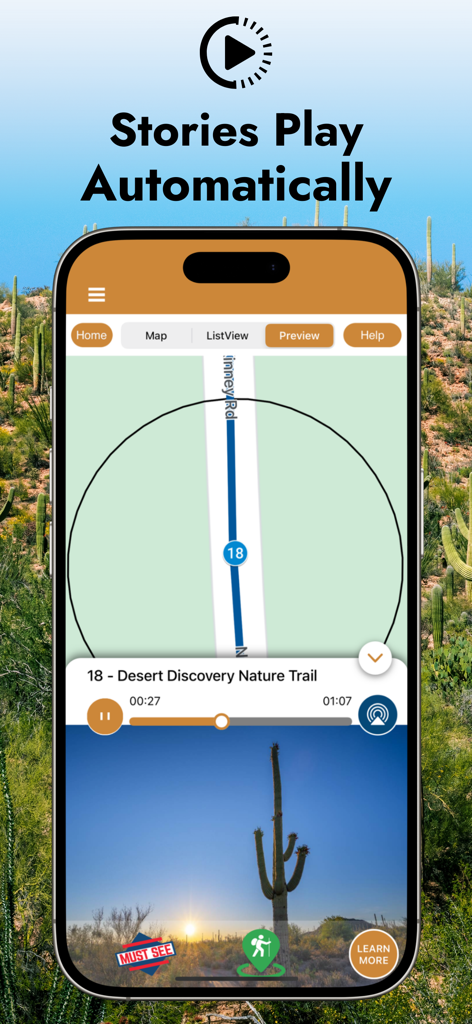 Saguaro National Park Guide - Smartphone screen showing the Saguaro National Park Guide app with a map and automatic audio story feature for the Desert Discovery Nature Trail.