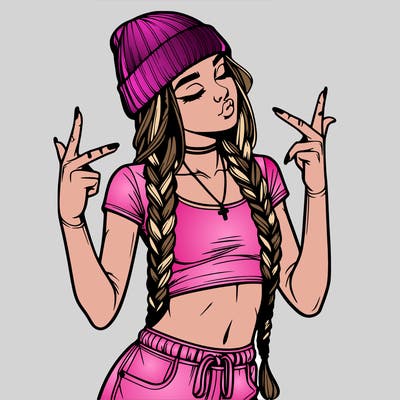 realistic teenage girl with braids and a beanie and crop top doing 🫶🏼