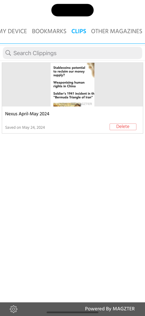 Nexus Magazine app interface showing the clips section with saved articles on alternative topics