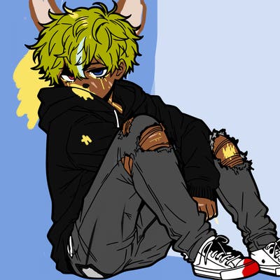 a male hoddie ripped jeans messy hair anime