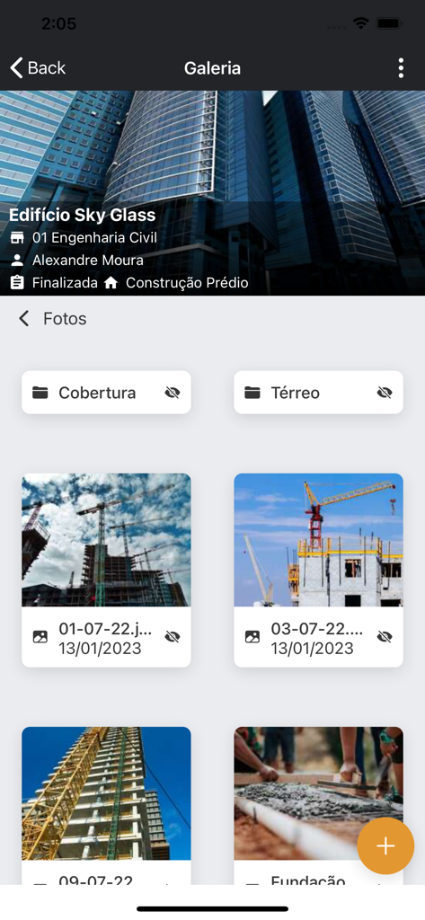 A mobile app screen showing a construction project photo gallery with dated progress updates and folders for different site areas