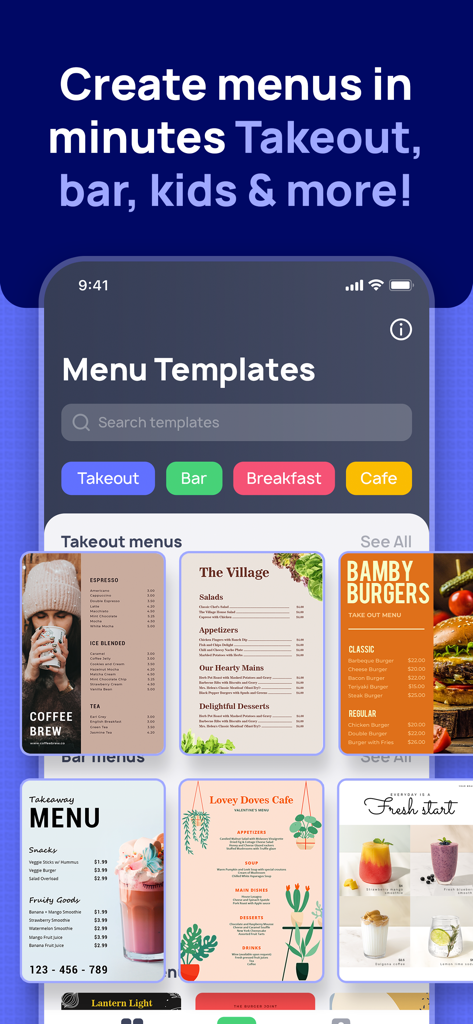 Mobile app interface displaying professional menu design templates for restaurants and cafes