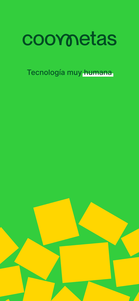 Coometas - Coometas app splash screen showing the company logo and slogan technology very human on a green background
