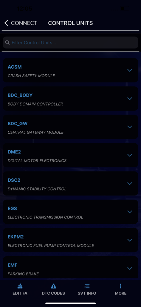 BimmerUtility - BimmerUtility mobile app screen showing a list of BMW control units like Crash Safety Module and Body Domain Controller