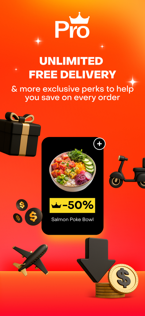 Rappi Pro subscription promotional screen showing unlimited free delivery and a 50 percent discount on a salmon poke bowl