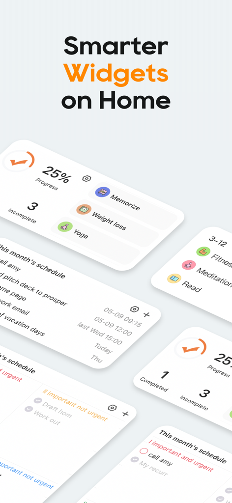 TimePlanner : Tasks & Habits - Una selezione di widget di produttività minimalista per la schermata principale del telefono che mostra liste di attività, tracciamento delle abitudini e grafici di progresso.