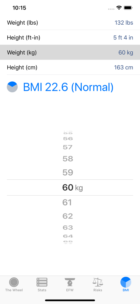 The OB Wheel Pro 7 - BMI calculator screen in the OB Wheel Pro 7 app showing height and weight input fields and a calculated normal BMI result