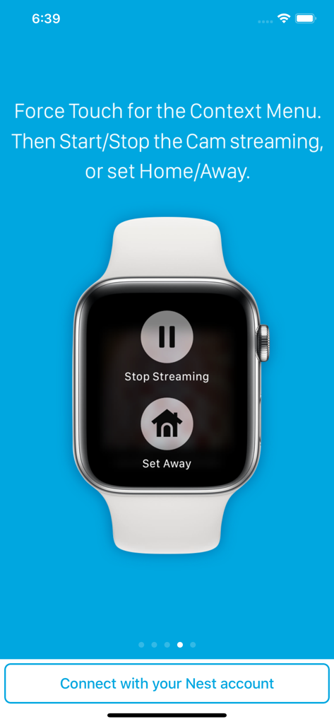 Apple Watch que muestra los botones Detener transmisión y Establecer como ausente para cámaras Nest