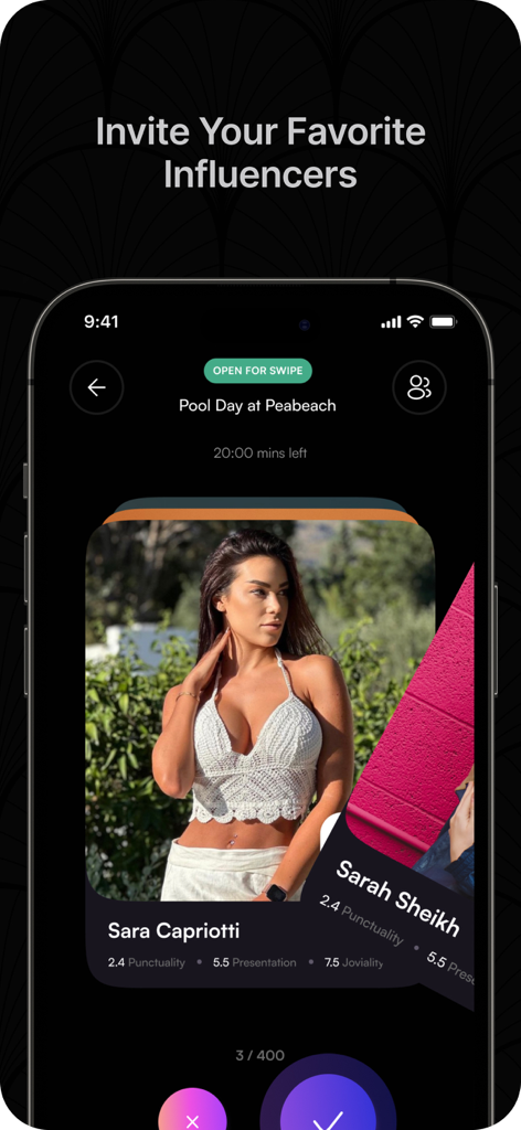 The Secret Society - A mobile interface for The Secret Society app showing a swipe-to-invite feature for influencers featuring profiles with punctuality and presentation ratings