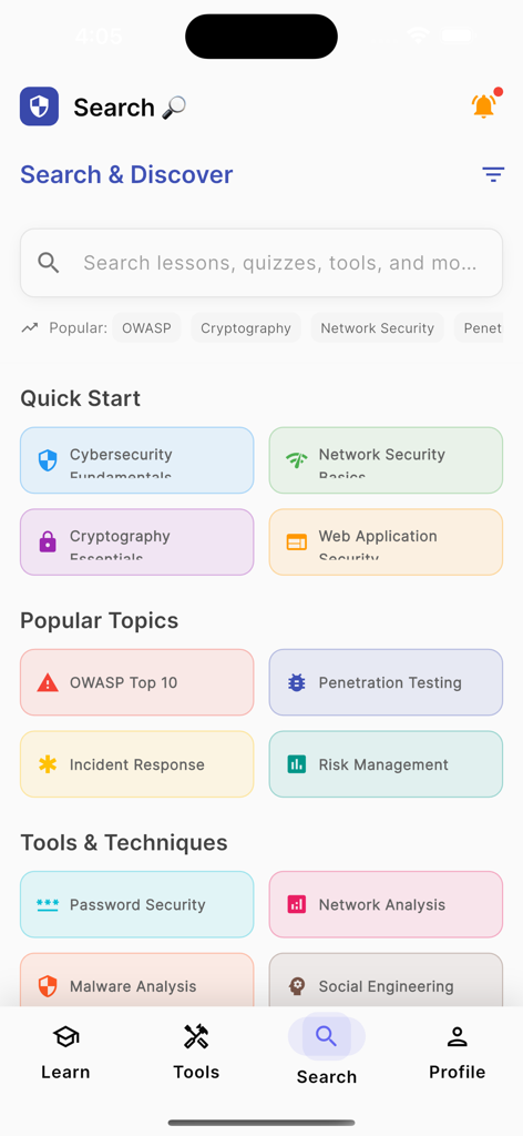 Der Such- und Entdeckungsbildschirm der CyberLearn Pro App mit Kategorien wie OWASP Top 10 und Kryptographie.