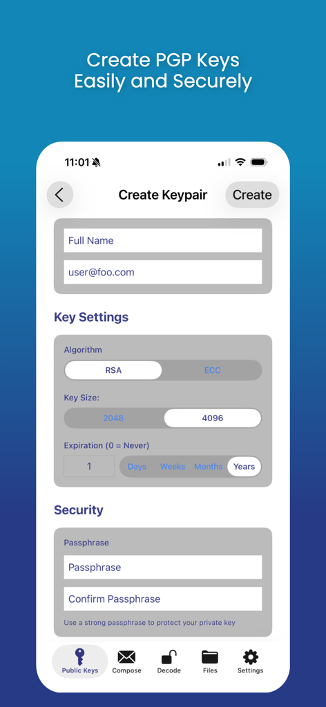 iPGMail - Screenshot of iPGMail app showing the interface to create a new PGP keypair with settings for algorithm key size and passphrase
