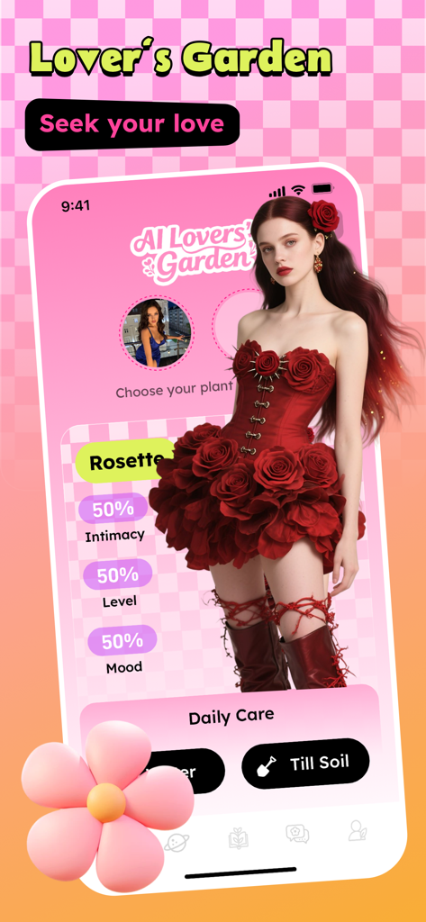 Haysi app interface showing a plant-themed AI companion named Rosette with nurturing stats and daily care buttons.