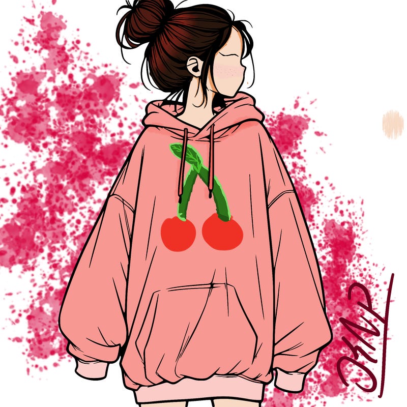 realistic girl with a oversized sweatshirt on and a bun