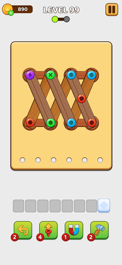 Gameplay de Screw Color montrant des écrous et des boulons colorés sur des lattes en bois au niveau 99