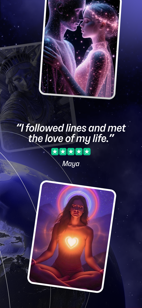A user testimonial for Astrocartography AI Pathfinder app showing a quote about finding love through planetary lines and spiritual imagery.