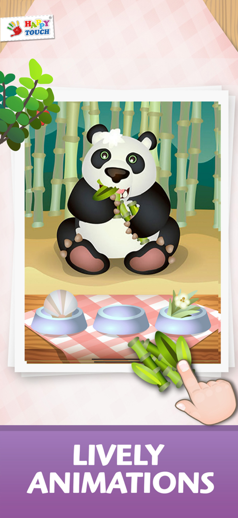 ANIMAL-GAMES Happytouch® - A cartoon panda eating bamboo sticks in a lively animation from the Happy Touch educational app for children.