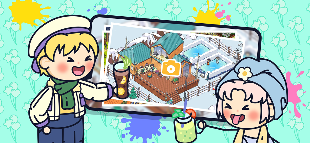 Topia City Life: Avatar World - Due simpatici personaggi che bevono qualcosa davanti a un tablet digitale che mostra un resort innevato in Topia City Life